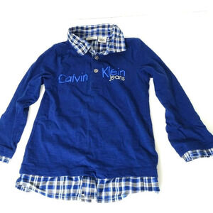 Calvin Klein Polo Shirt Collared Boys Size 4 Blue Plaid Long Sleeve Faux 2 Pc